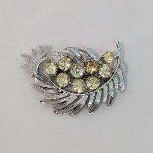 Vintage Silver-Tone Feather Brooch With Clear Rhinestones